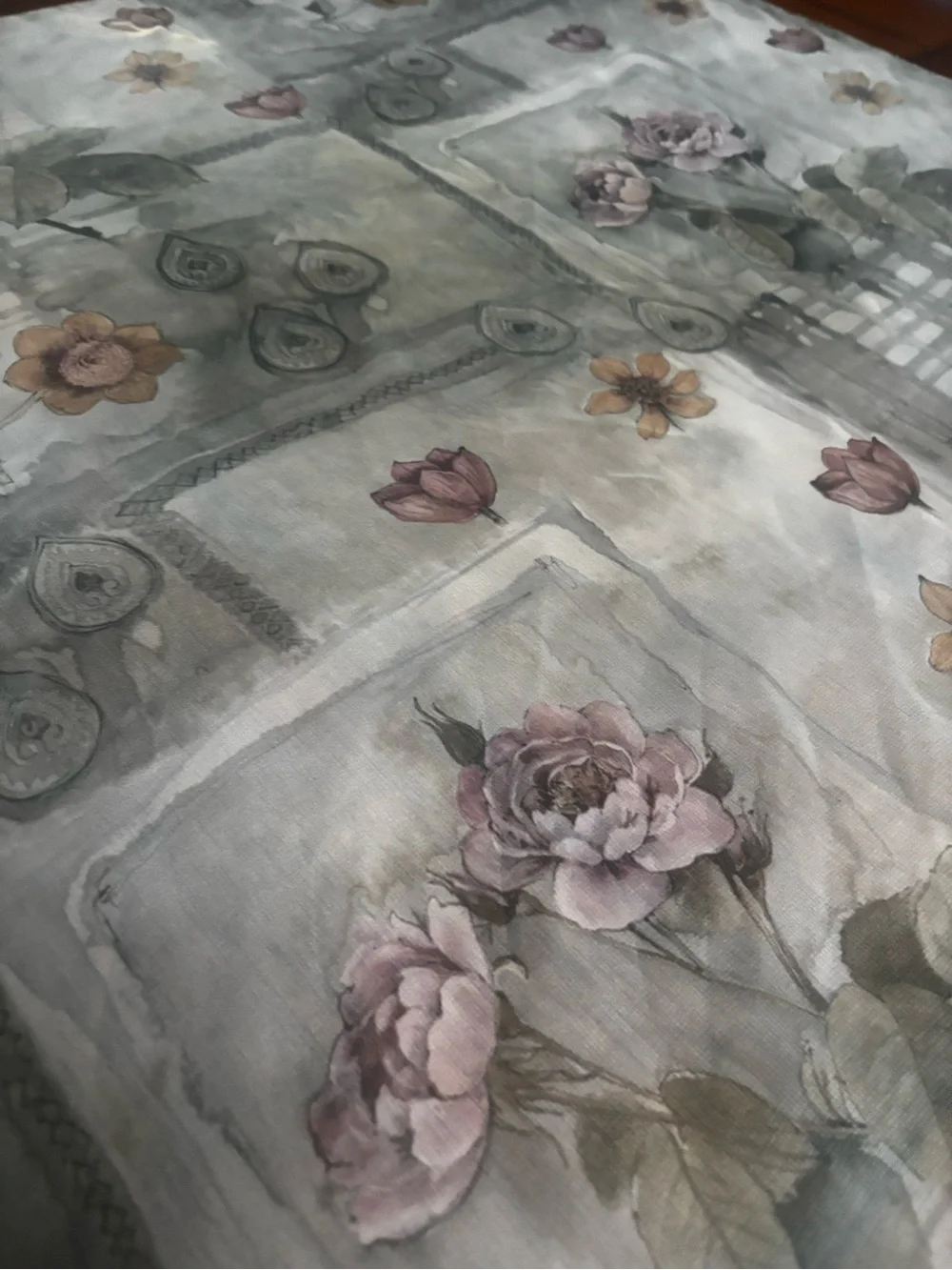 Light weight,sheer, grey botanical delicate flowers & leaves print silk scarf